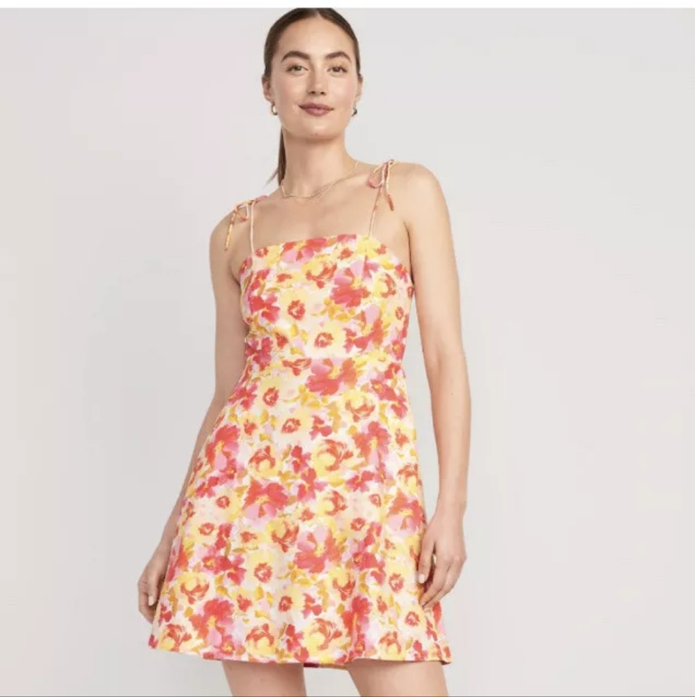Fit & Flare Tie-Strap Linen-Blend Mini Dress